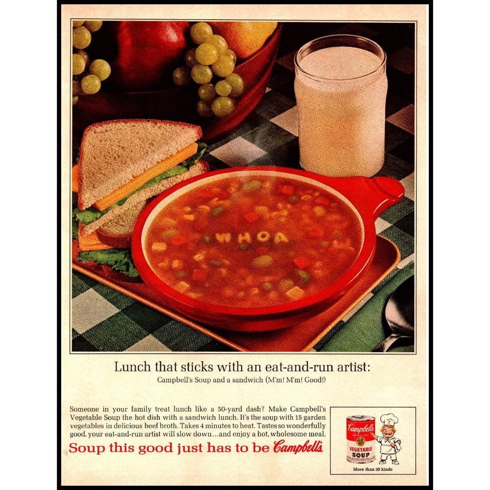1964 Campbell's Vegetable Alphabet Soup Vintage Print Ad Red Bowl Milk Wall Art